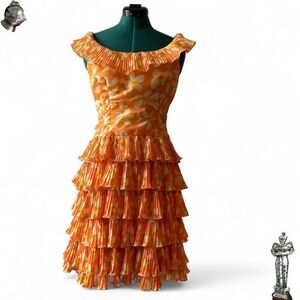 Vintage 50s orange tropical floral print tiered ruffle cupcake party dress
